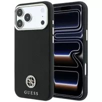 Guess GUE005533 Grained Round Strass Logo MagSafe telefono dėklas iPhone 18 Pro / 17 Pro, juodos spalvos
