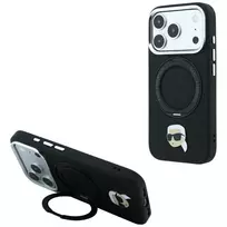 Dėklas Karl Lagerfeld MagSafe su žiedu-stovu 360 ir Karl Head Pin telefonui iPhone 18 Pro / 17 Pro, juodas