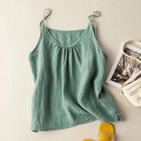 Women's Fashionable Loose Casual Summer Cotton Linen Camisole T-shirt M šviesiai žalios spalvos