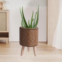 Krepšys su stoveliu Grindų gėlių vazono organizatorius Įleidžiamas gėlių vazonas Rankomis austas rotango dekoras Cylinder Dark Brown gray