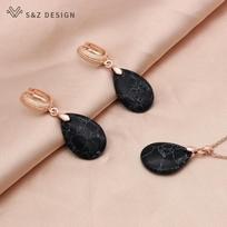 Vintage Rose Gold Spalva Vandens lašas Sintetinis turkis Kabantys Auskarai Papuošalų rinkiniai Moterims Vestuviniai papuošalai beige