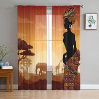 Afrikos Moteris Žirafa Dramblys Siluetai Skaidrios Užuolaidos Svetainės Dekoravimui Langų Užuolaidos Virtuvės Tiulis Voilas W135 x H245cm x2