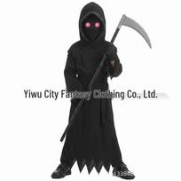 Children's Red-Eyed Grim Reaper Costume with Luminous Scythe for Halloween Role-Playing gray