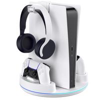 NEWDERY PS5 Controller Charging Stand for PS5 Pro Vertical Simultaneous Charging of 2 Storage Easy Peripheral RGB Overcharge Cable White Slim/PS5/PS5 balta