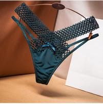 Women's Silk See-Through Low-Waist Thong with Thin Strap Cutout - Sexy French Design M tamsiai žalia spalva