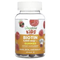„Lifeable“, biotino guminukai vaikams, natūralios avietės, 5000 mcg, 60 guminukų (2500 mcg viename guminukyje)