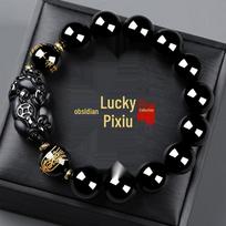 Men's Natural Obsidian Pixiu Peace Charm Bracelet black
