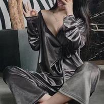 Moteriškas seksualus aukso spalvos aksominis pižamos rinkinys V formos kaklelis japoniškas kimono namų apranga pavasarinis ilgomis rankovėmis vienspalvis pižamos dviejų dalių komplektas miegamasis kostiumas L pilka