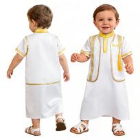 Kūdikio Islamo Dubajaus Kostiumas Metalizuota Apdaila Kutų Detalė Liemenė su Stoviniu Apykakle Trumpomis Rankovėmis Kontrastinė Satino Chalatas Eid Šventės Apsirengimui 0-3Months beige