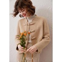 Women's Retro Chinese Style Frog Button Double-faced Wool Coat XL beige
