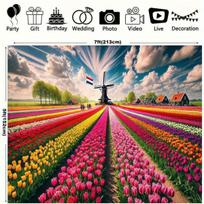 Dutch Tulip Field Tapestry Windmill Landscape Wall Hanging 7ft Netherlands Flower Farm Meadow Tapestry for Living Room Bedroom 100X150CM gray