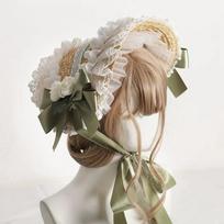 Cute Lace Lolita Bonnet Flat Top French Lolita Straw Hat Sun Protection Pastoral Style Bow Ribbon Flower Cap Beach Vacation žalia