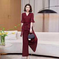 Wide leg pants set Women's summer thin design sense two-piece set Fashion age-reducing wedding clothes XXL brown