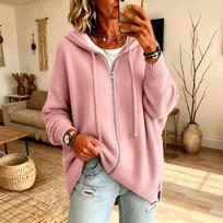 Moteriškas gobtuvas su užtrauktuku megztas kardiganas laisvo kirpimo megztinis rudeniui žiemai M rožinė