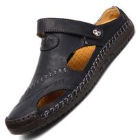 Sandals Man Summer  Leather Slides Breathable Rome Male Outdoor Beach Platform Slippers Soft Hot Sale Men Flat Sandals 43 juoda
