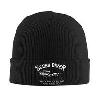 Custom Scuba Diver  Skullies Beanies Cap Unisex Winter Warm Knitted Hat Adult The Ocean Is Calling I Must Go Bonnet Hats Ski Cap One Size black