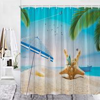 Summer Ocean Scenery Shower Curtain Beach Surfboard Palm Tree Seascape Landscapes Polyester Fabric Decor Bathroom Curtain Hooks W90XH180cm blue