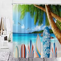 Summer Ocean Scenery Shower Curtain Beach Surfboard Palm Tree Seascape Landscapes Polyester Fabric Decor Bathroom Curtain Hooks W140XH180cm