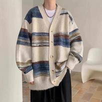American Style Color Block Men's Open Cardigan Sweater Loose Casual Knitted Coat for Autumn Winter Couple's Fashion Brand 2XL gray