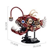 1306PCS Cyberpunk Steam Mechshell Lantern Fish with Lights Building Blocks,Animal Biomimetic Model Home Decor Toy Christmas Gift no box brown