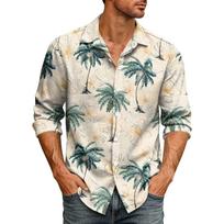 Hawaii Print - Men's Casual Long-Sleeved Shirt S beige