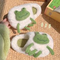 Fashion Cartoon Fun Little Frog Plush Slippers for Men and Women Autumn Winter Fur Floor Shoes Home Leisure Non slip Cotton Slippers 44-45 white