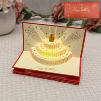 6 Card Slots 3D Pop-Up Cake Greeting Card Folding with Ribbon Musical Light Gift Card Paper Blessing Birthday Red Envelope 18-8.5 cm beige