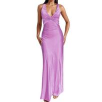 Women's Satin Maxi Prom Dress V Neck Formal Wedding Guest Cocktail Dress Sleeveless S violetinė