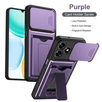 Slide Camera Cover Phone Case w/ Card Holder Invisible Stand For Honor Magic 600 Lite X60d X70 X9d 7 X9c X8b X8c X6c X5c Plus Honor X70 violetinė
