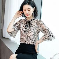 Chiffon Shirt Women's Fungus Collar Floral Trumpet Sleeve Small Shirt Elegant Bottoming Shirt XXL gray