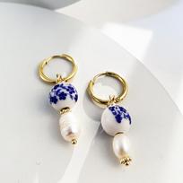 Vintage Flower Ceramic Teapot Round Beads Asymmetric Drop Earrings for Women Stainless Steel Circle Earring Pendientes Gift white