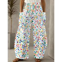 Women's Vibrant Youthful White Base Multicolor Polka Dot Print Loose Wide-leg Pants with Draping Fabric for  Carnival Festive Outfits 5XL white