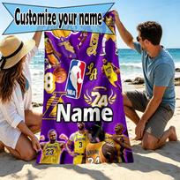 Custom Name Personalized NBA Print Beach Towel, for Trip Camping Beach Party Home Decor, Birthday Gift for Family & Friends 70cmx140cm(27x55inch) purple