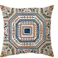 Retro Tile - inspired Floral Pillow CoversLiving room sofa cushion cover, soft and comfortable, bedroom room decoration 45x45cm-1pcs
