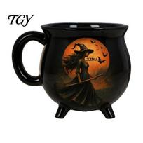 Gothic Fantasy Drinkware Halloween Witch Cauldron Mug, 350ml Vintage 3 Legged Magic Pot, Anniversary Birthday Gift Ideas Black Cat Ceramic Coffee Cup C black