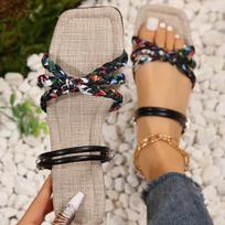Fashion Women's Braided Detail Flat Slide Sandals, Square Open Toe Two-way Wear Summer Shoes, Fashion Outdoor Beach Sandals 38 juoda