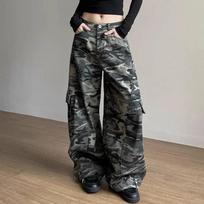 Moteriškos Didelės Kišenės Išlenktos Plačios Kojos Camouflage Šaunios Merginos Street Tiesaus Dugno Moteriškos Vasarinės Unisex Laisvos Kelnės 2XL black