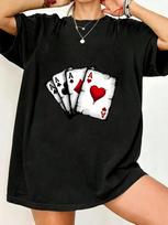 Oversized T Shirt Black Four Aces Playing Cards Print Casual Streetwear Fashion Top For Women Summer Outfit XXL juoda