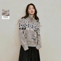 INMAN Fair Isle Zip-Up Knit Cardigan S gray