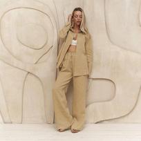 Cotton and Linen Long Sleeved Shirt Wide Leg Pants Set Loose Top Elastic Waist Drawstring Straight Leg Pants Women's Commute Solid Pants Suit Summer L chaki