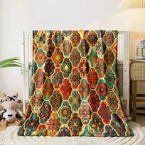 Intricate geometric tiles with vibrant floral and starburst designs. for all seasons blanket lunch break throw gift 80cm x 120cm beige