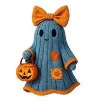 Cute Halloween Table Decor Wooden Ghost Figurine, Crochet Texture Decoration with Bow Desktop Holiday Ornament And Pumpkin Bucket for Indoor M