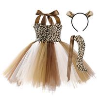 Akį traukianti gyvūno kostiumo suknelė su tiulio juostelėmis ir galvos apdangalu Leopard,140-155cm beige