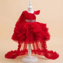 Girls Toddler One Shoulder Puffy Cake Train Dress Performance Gown 150cm raudona