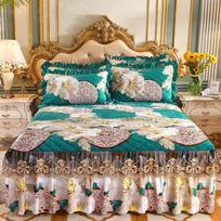 Prabangus spausdintas flanelinis dygsniuotas pledas King Queen dydžio Minkštas plonas aksominis lovos sijonas Romantiškas lovos uždangalas Pagalvės užvalkalas neįtrauktas Only 2pcs Pillowcase blue