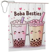 Boba Besties Cute Kawaii Bubble Tea Shower Curtain Bathroom Polyester Waterproof Bath Curtains With Hooks W60H190(CM)-1 Pcs beige