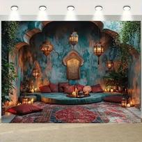 2D Moroccan Oasis Backdrop Boho Themed Party Photography Background Cloth 70.9x43.3inch/180*110cm gray