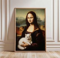 Girl With Pearl Earring Print Poster Mona Lisa with Cat Classic Art Poster Renaissance Style Wall Art Funny Canvas Painting 70X100CM No Framed