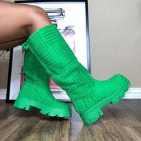 Women Long Boots Brand Design Terry Cloth Knee-high Booties Ladies Thick Sole Pink Green Botas Tone To Tone 36 žalia