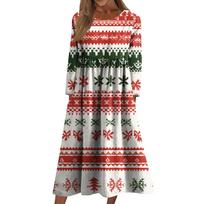 Women's Casual -neck Christmas Print Mid-length Dress Long-sleeved Dress With Pocket M arbūzo raudonos spalvos